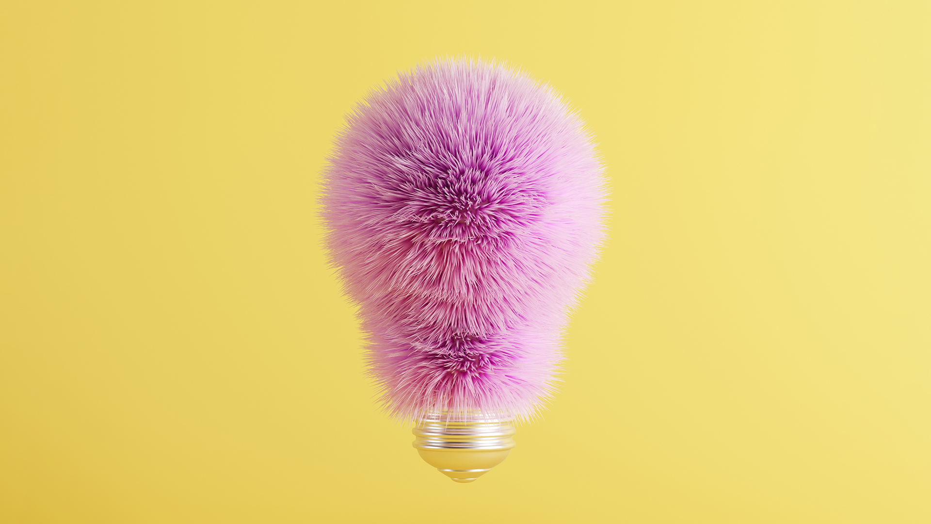 Pink Fur Light Bulb on floating yellow background. 