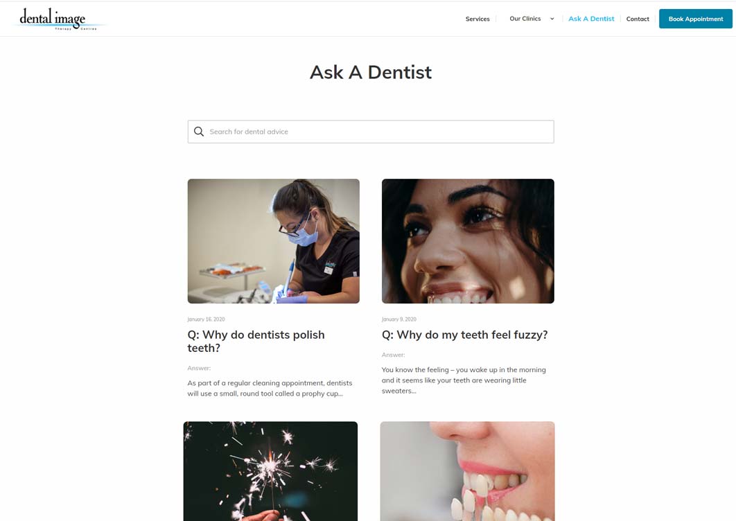 A screenshot of Dental Image's website featuring their "Ask a Dentist" page.