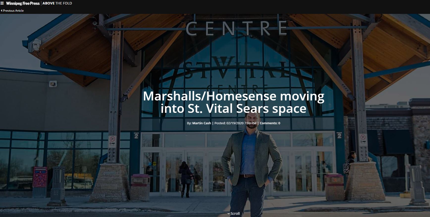 Screenshot of Winnipeg Free Press article announcing Marshalls/Homesense move into St. Vital Centre with the mall's main entrance in the background.
