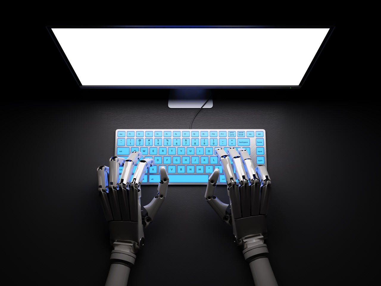 Concept art of robotic hands typing on a backlit keyboard.