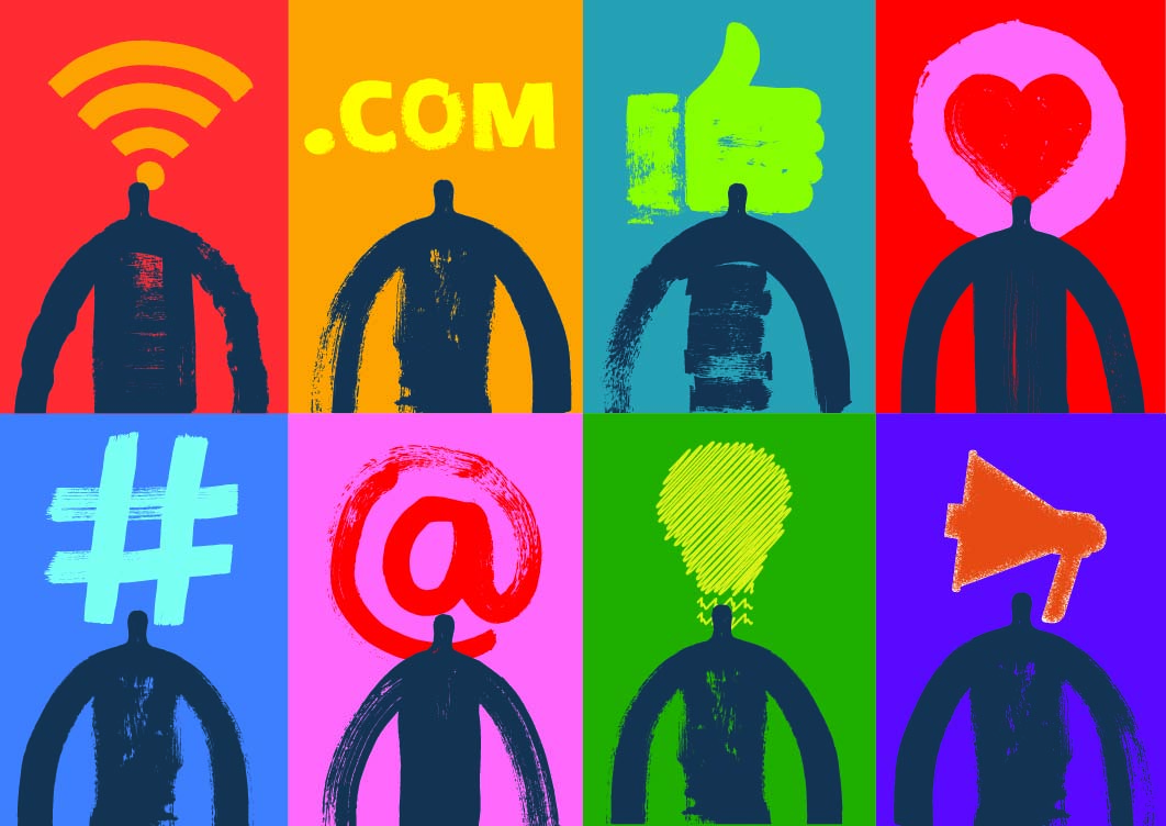 Painting featuring stylized figures standing in front of various website symbols including: Wifi, .com, thumbs up, heart, hashtag, @, lightbulb and announcement bullhorn.