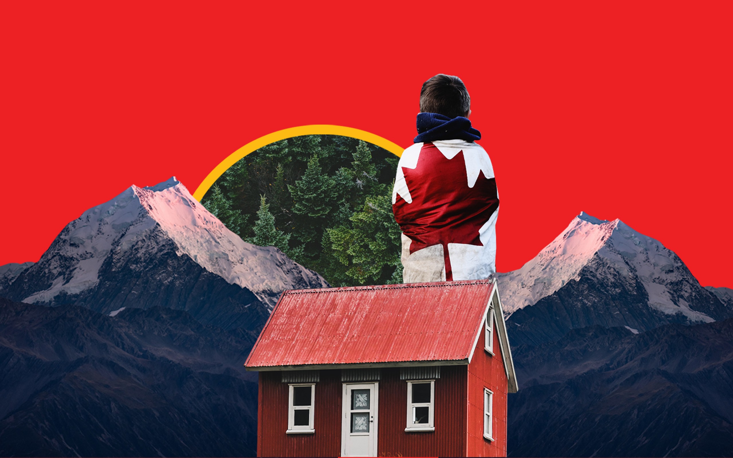 A collage of a red cabin, mountains, forests and a person wrapped in a Canadian flag.