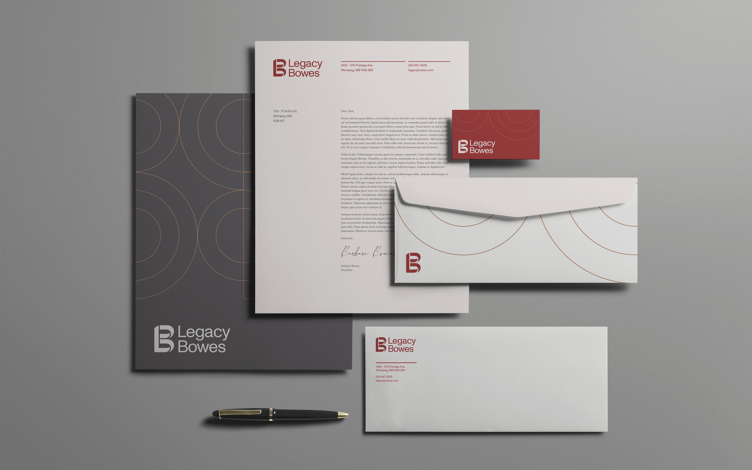 Legacy Bowes Stationary, including letterhead, envelopes and business cards.