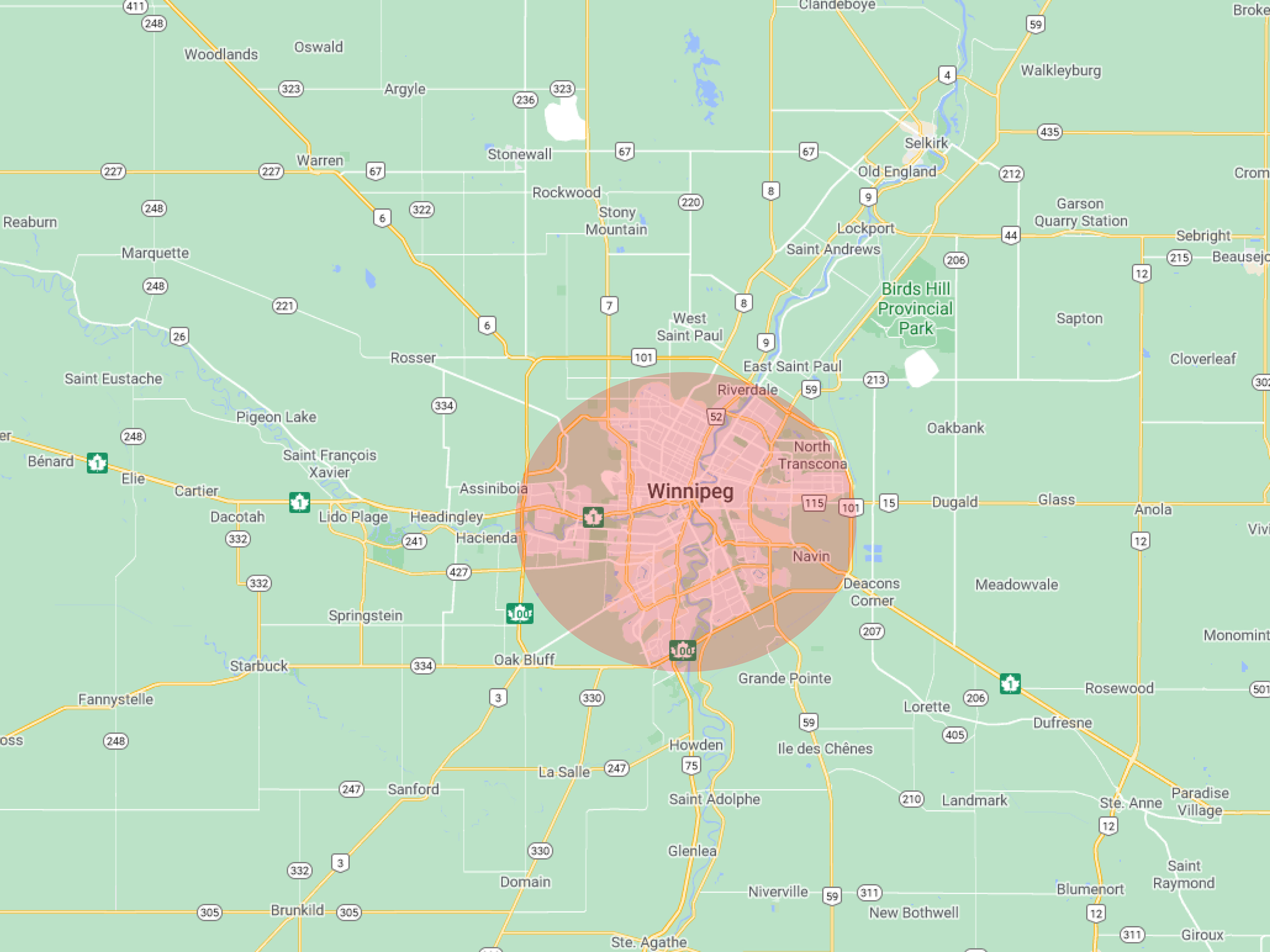 Map showing a 10km radius around the city of Winnipeg