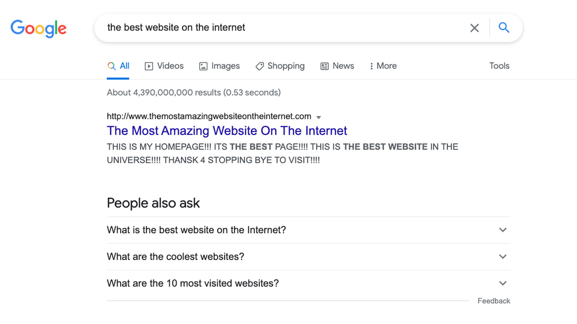 Google search image for the best website on the internet, the top result is titled "The Most Amazing Website on the Internet"