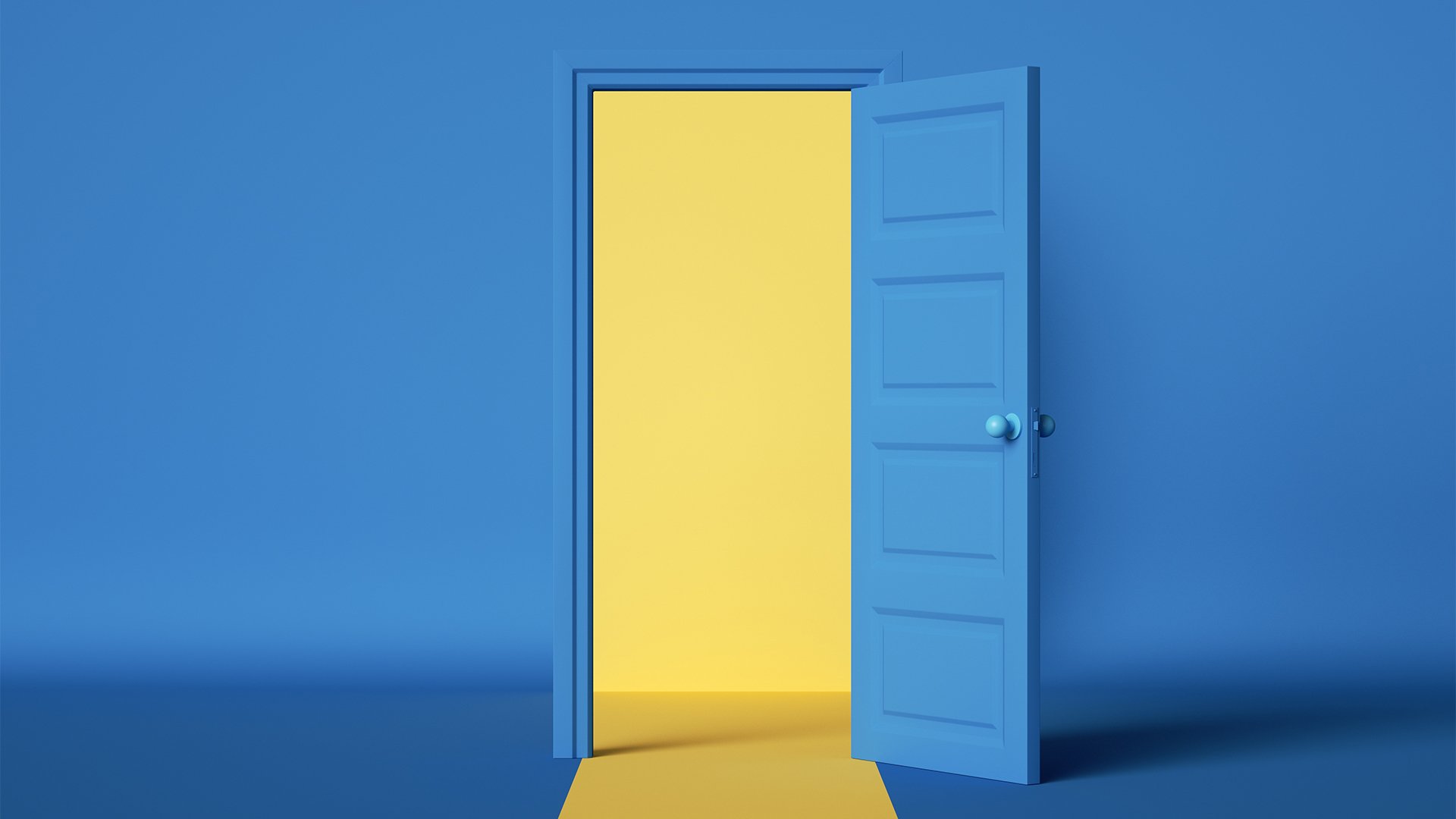 3d render, yellow light inside the open door isolated on blue background. Room interior design element. Modern minimal concept. Opportunity metaphor.