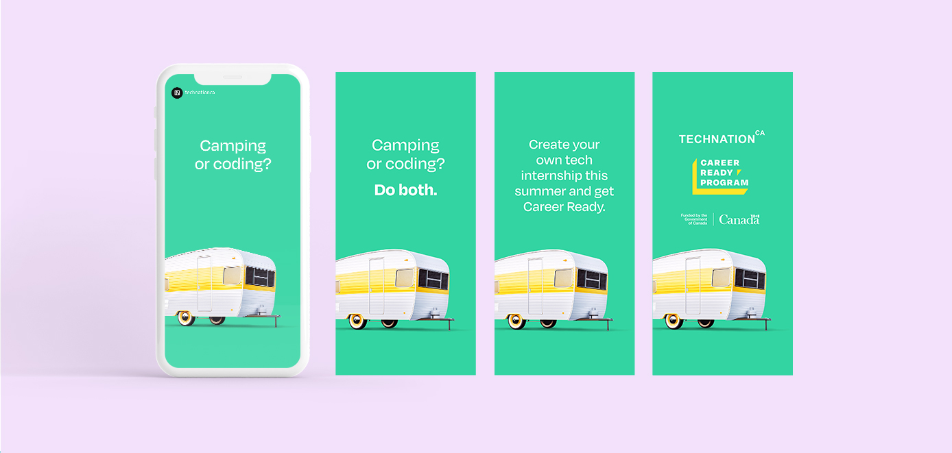 Mobile screenshots of a camping trailer in an ad encouraging the hiring of summer Career Ready Students.