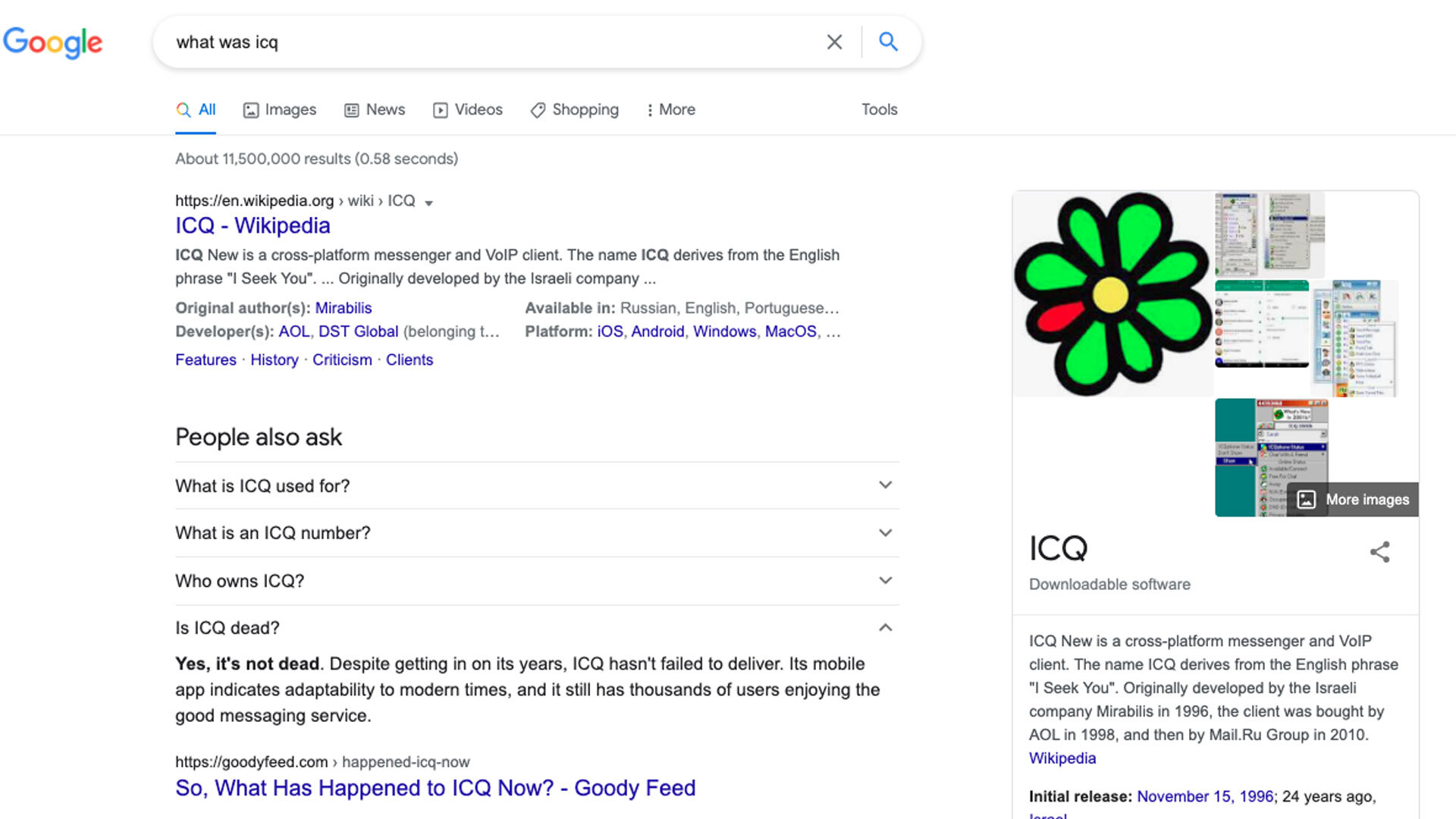 Screenshot of a Google Search for ICQ, which still manages to be easy to find.