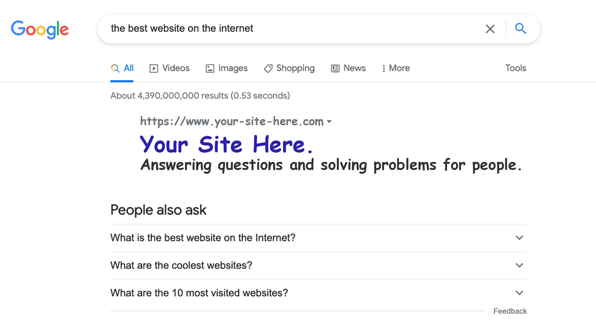Google search page featuring an obviously edited result of "Your Site Here"