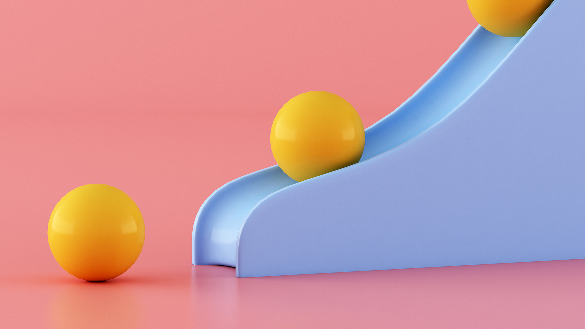Yellow balls coming down a blue slide on a pink backgrund