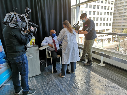 Person being filmed by video cameras they're tested at a Dynacare 4 Diabetes event.