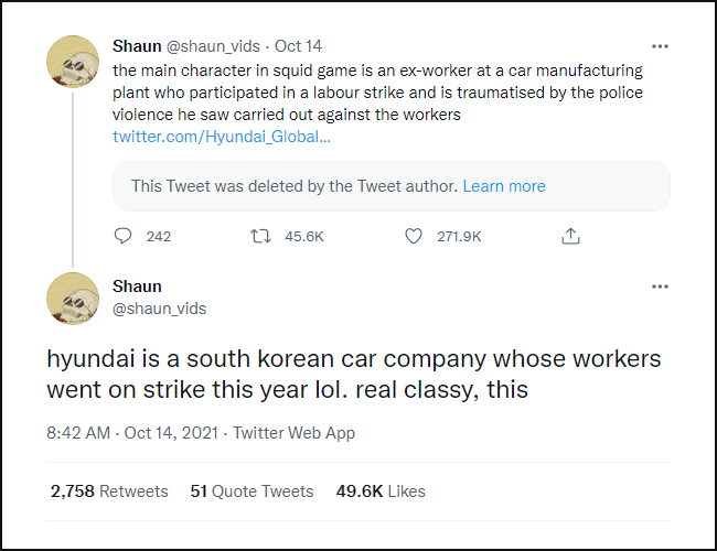 Screen capture of a reply to Hyundai twitter post referencing Squid Game