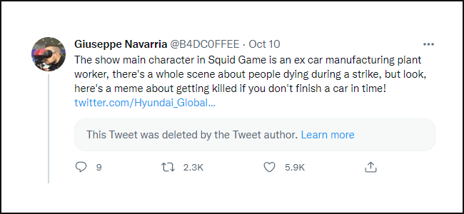 Screen capture of a reply to Hyundai twitter post referencing Squid Game