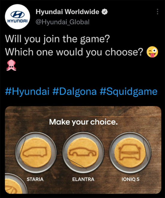 Screen capture of a Hyundai twitter post referencing Squid Game