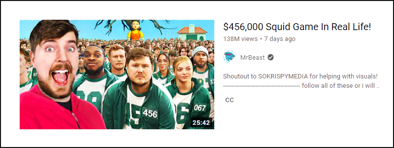 Screen capture of Mr. Beast YouTube video thumbnail
