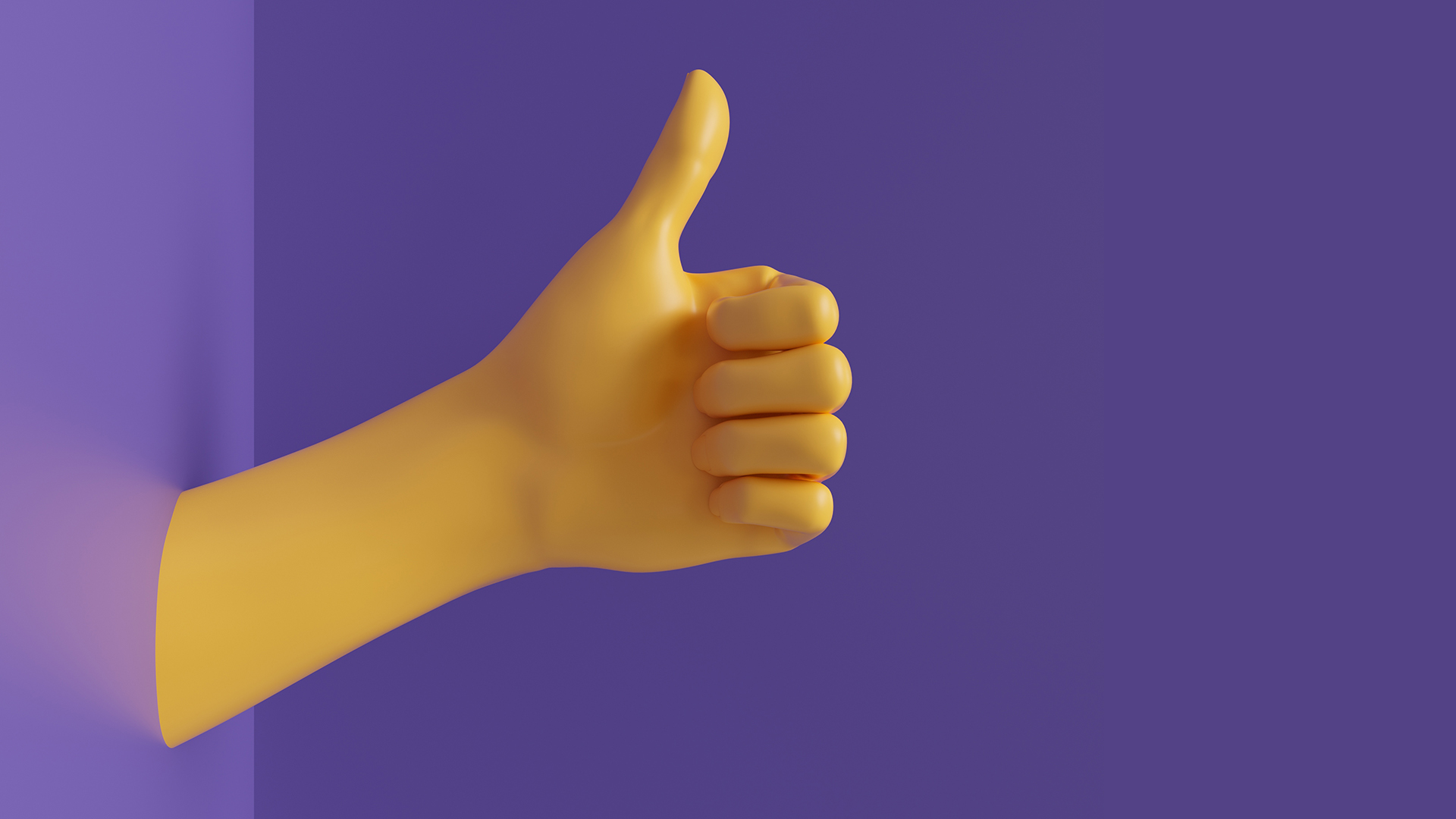 Yellow hand with thumbs up coming out of a purple wall