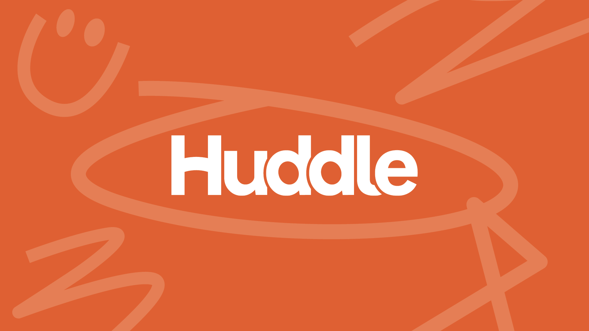 Huddle logo on orange background with doodles all around it