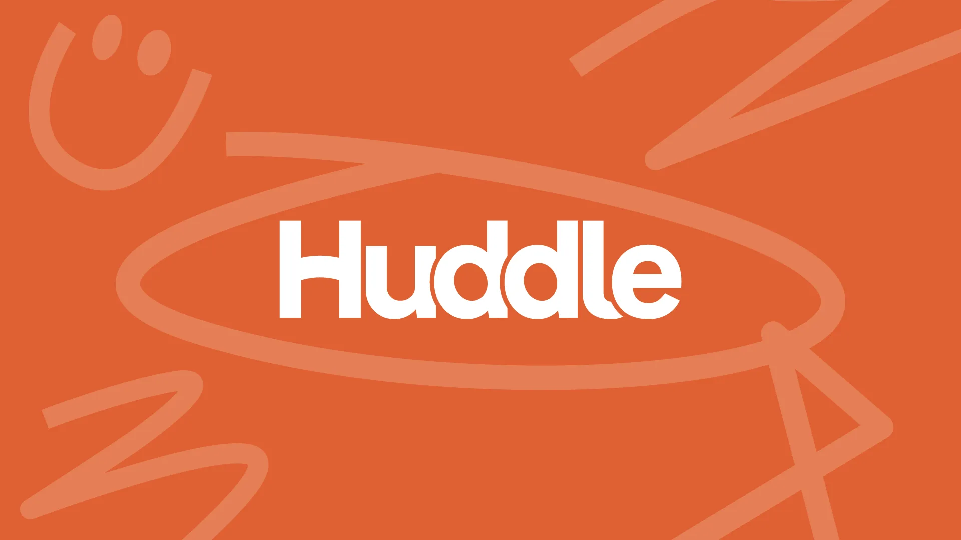 Huddle logo on orange background with doodles all around it