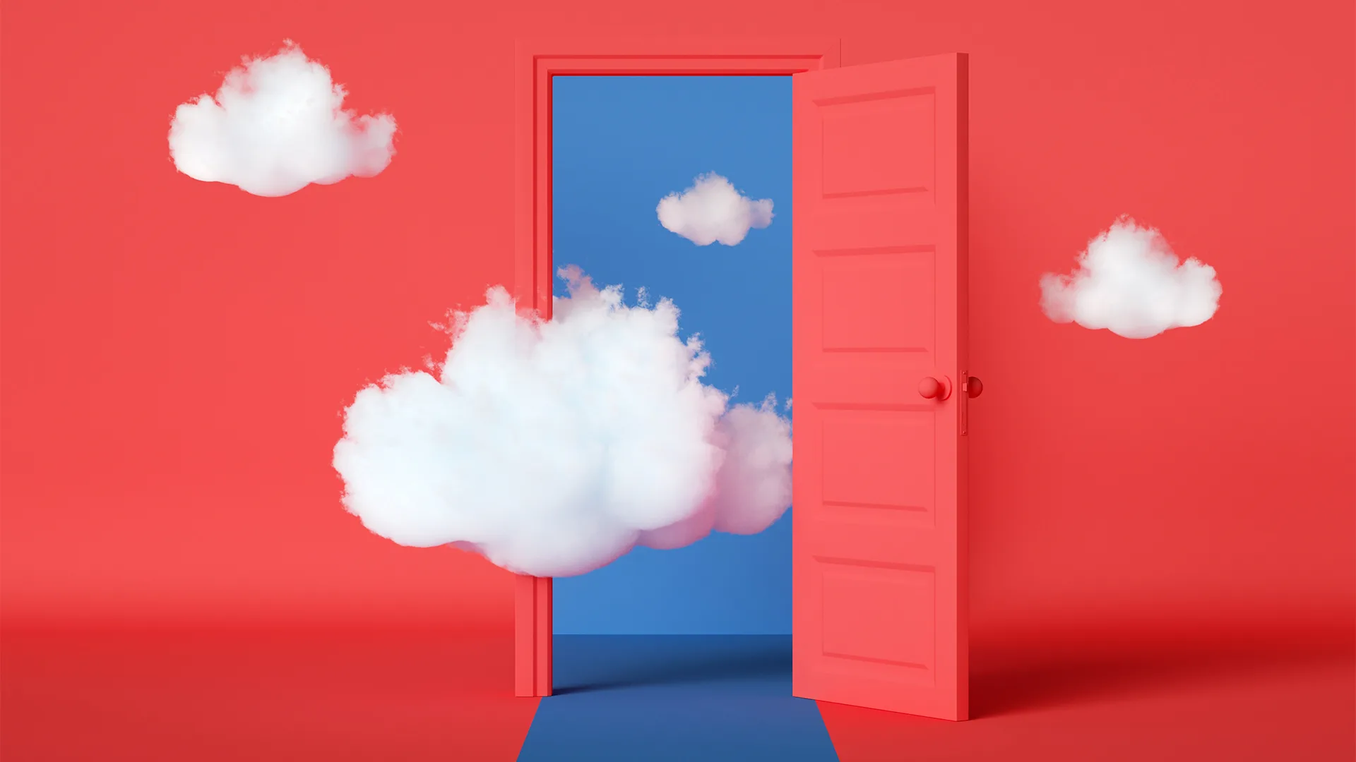 Red door opening to fluffy clouds and a blue pathway