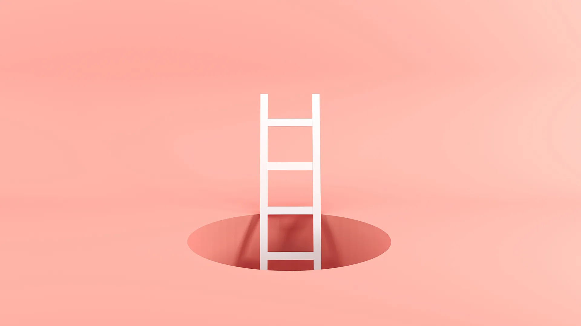 Outstanding white ladder standing inside hole on pink background