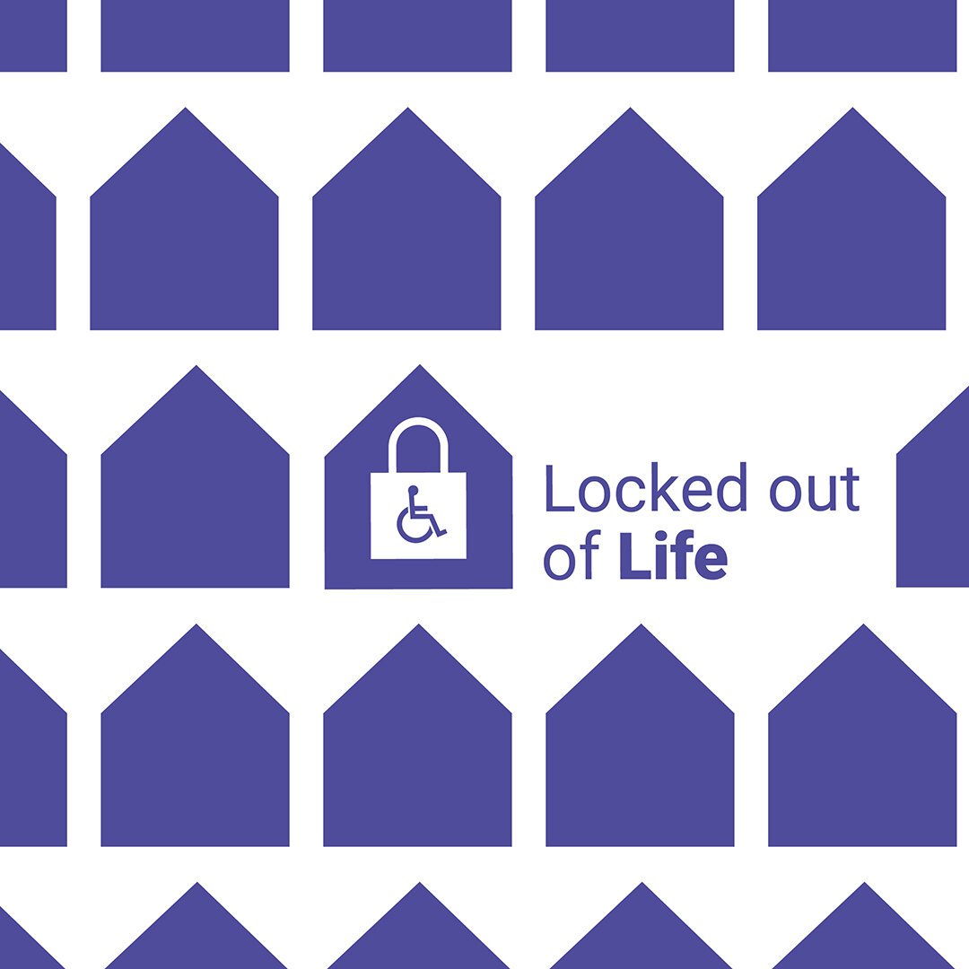 Blue house symbol in a pattern with "Locked Out of Life" in the centre