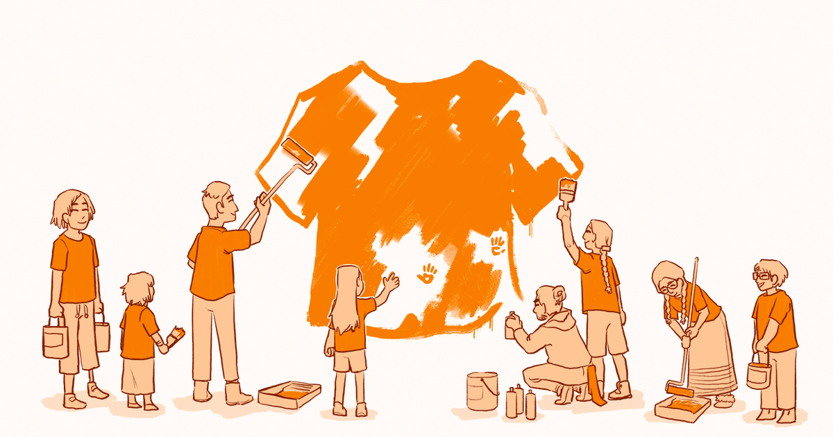 Orange Shirt illustration of individuals in orange hues painting a mural of an orange shirt.
