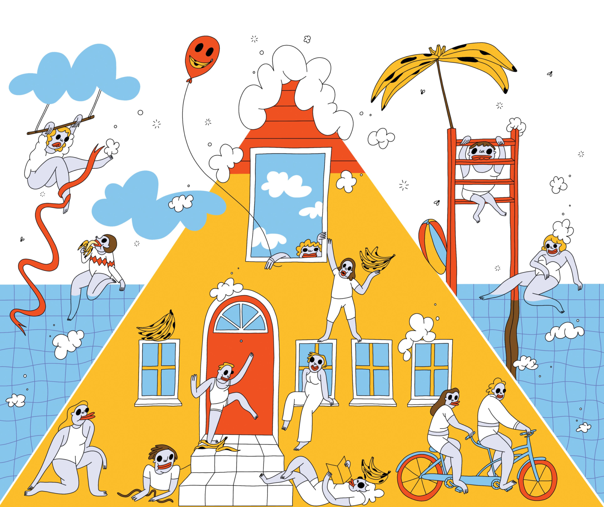 Stylized illustration of individuals in front of a triangle house