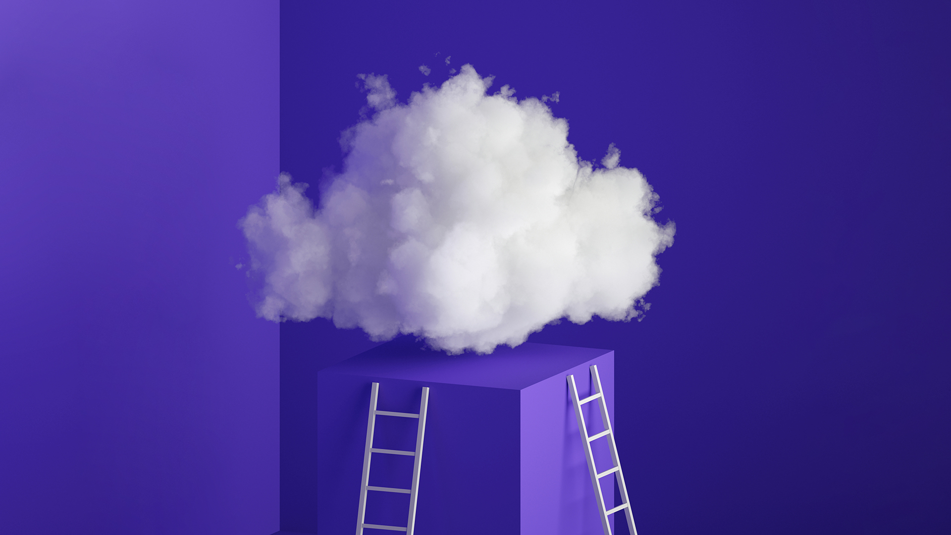 3d render, white cloud levitating above a cube with white ladders leading to it