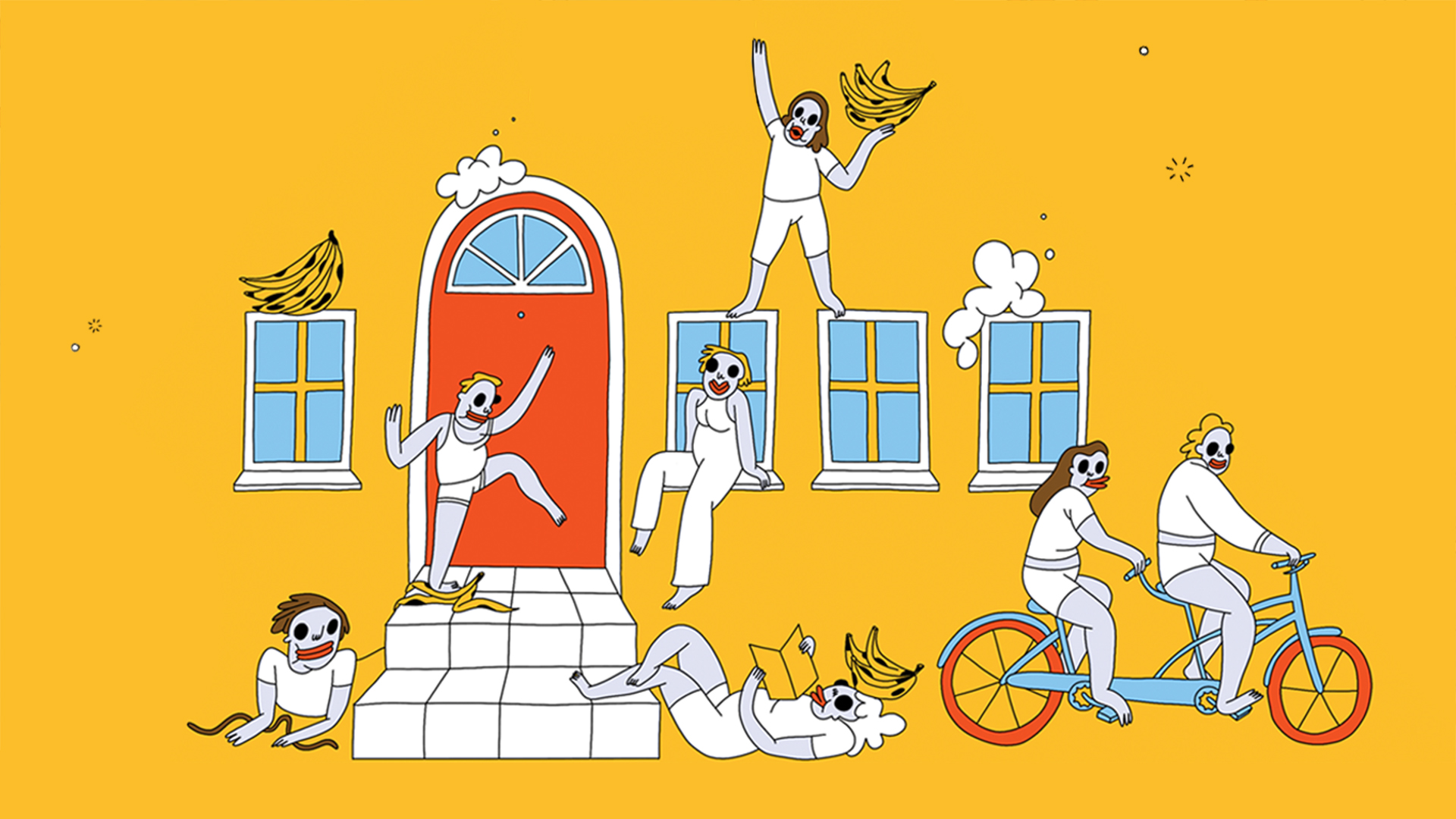 Illustration of people outside a yellow house with a red door, they are on bikes and holding bananas and lounging around.