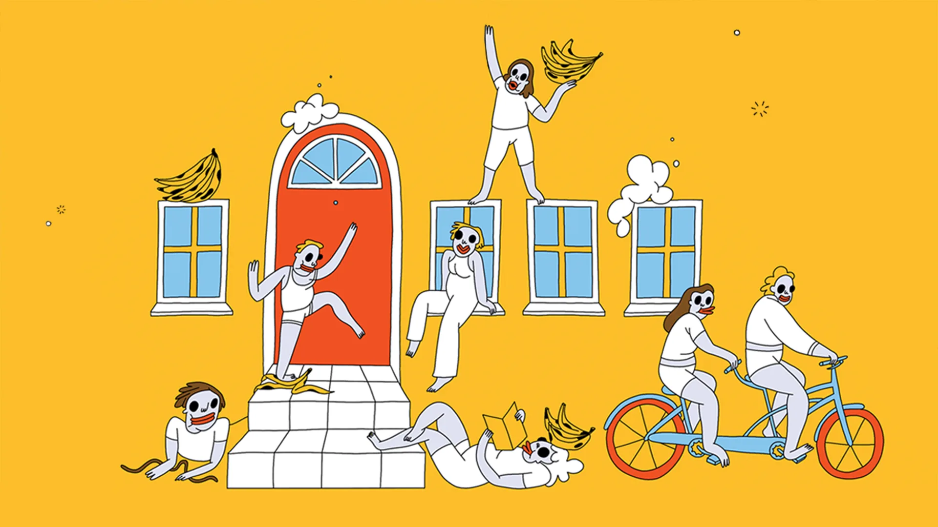 Illustration of people outside a yellow house with a red door, they are on bikes and holding bananas and lounging around.