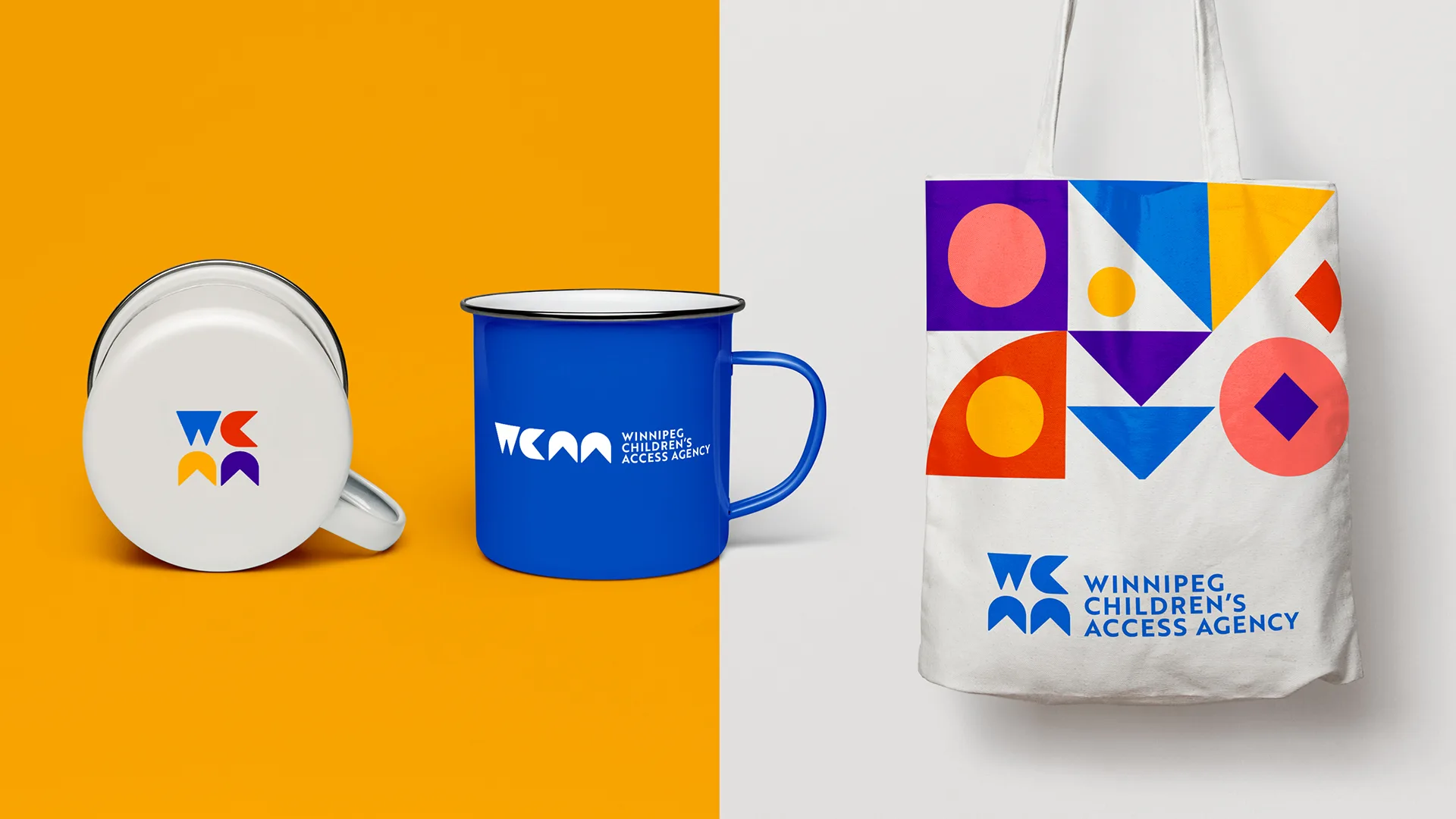 Mug and tote bag showing the WCAA logo and visual identity