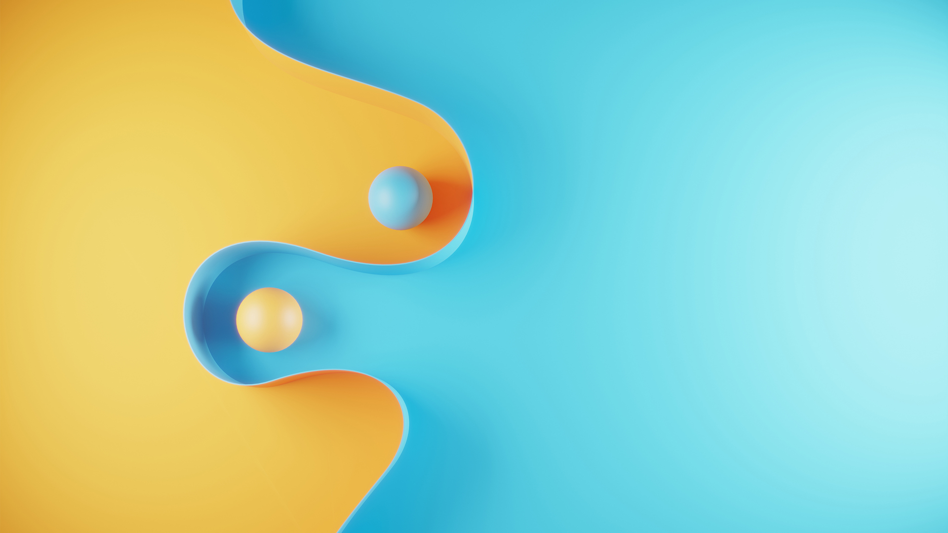 Two balls inbetween curved paper, one ball is yellow on a blue background, one ball is blue on a yellow background