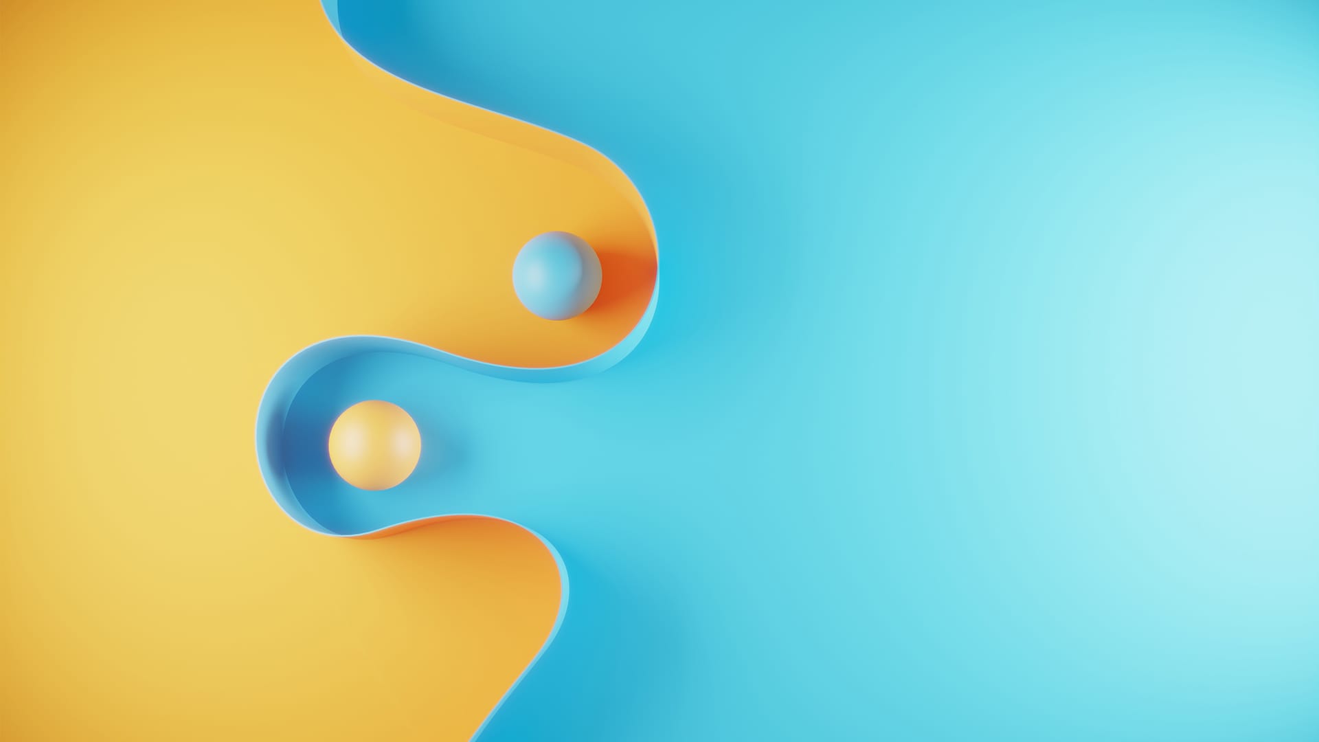 Two balls inbetween curved paper, one ball is yellow on a blue background, one ball is blue on a yellow background