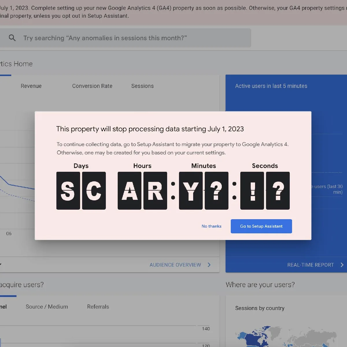 Google Analytics Countdown popup with "Scary?!?" written in place of the time.