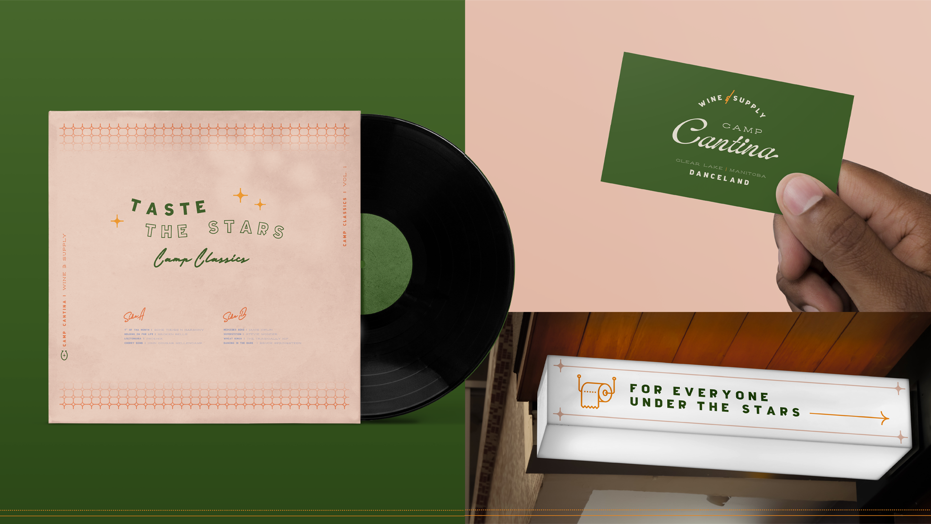 Camp Cantina branding on a record, business card and bathroom sign.