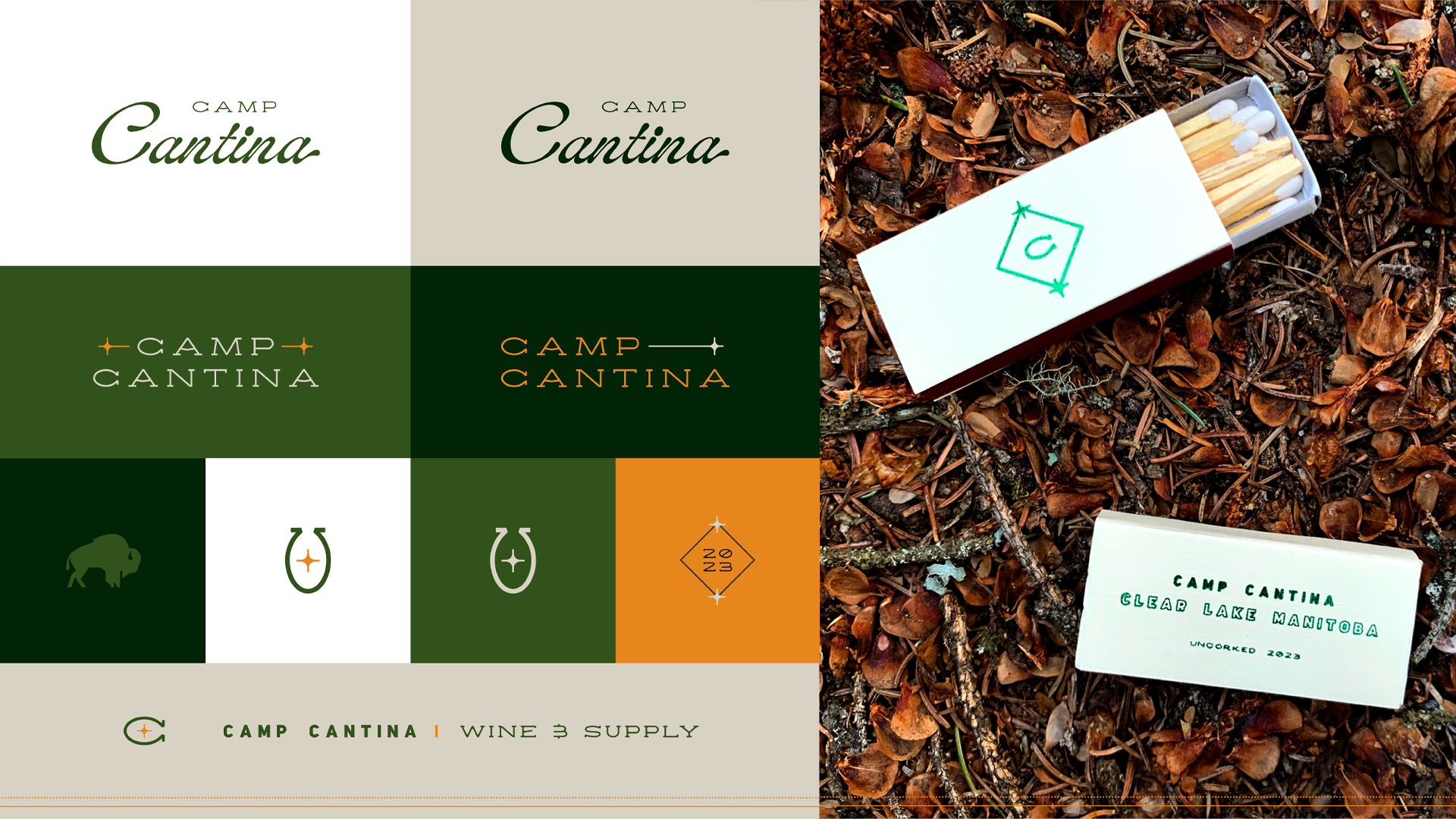 Camp Cantina branding and motifs with a mockup on a box of matches.