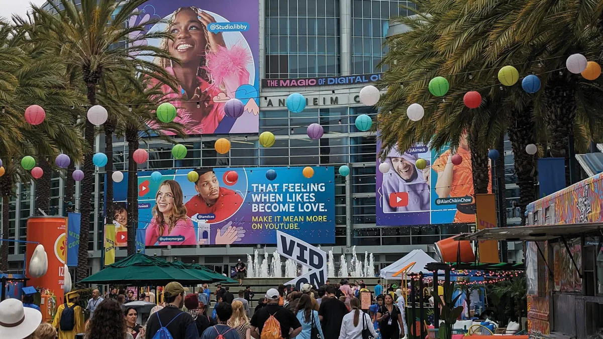 The busy courtyard in front of the Anaheim Convention Center during VidCon