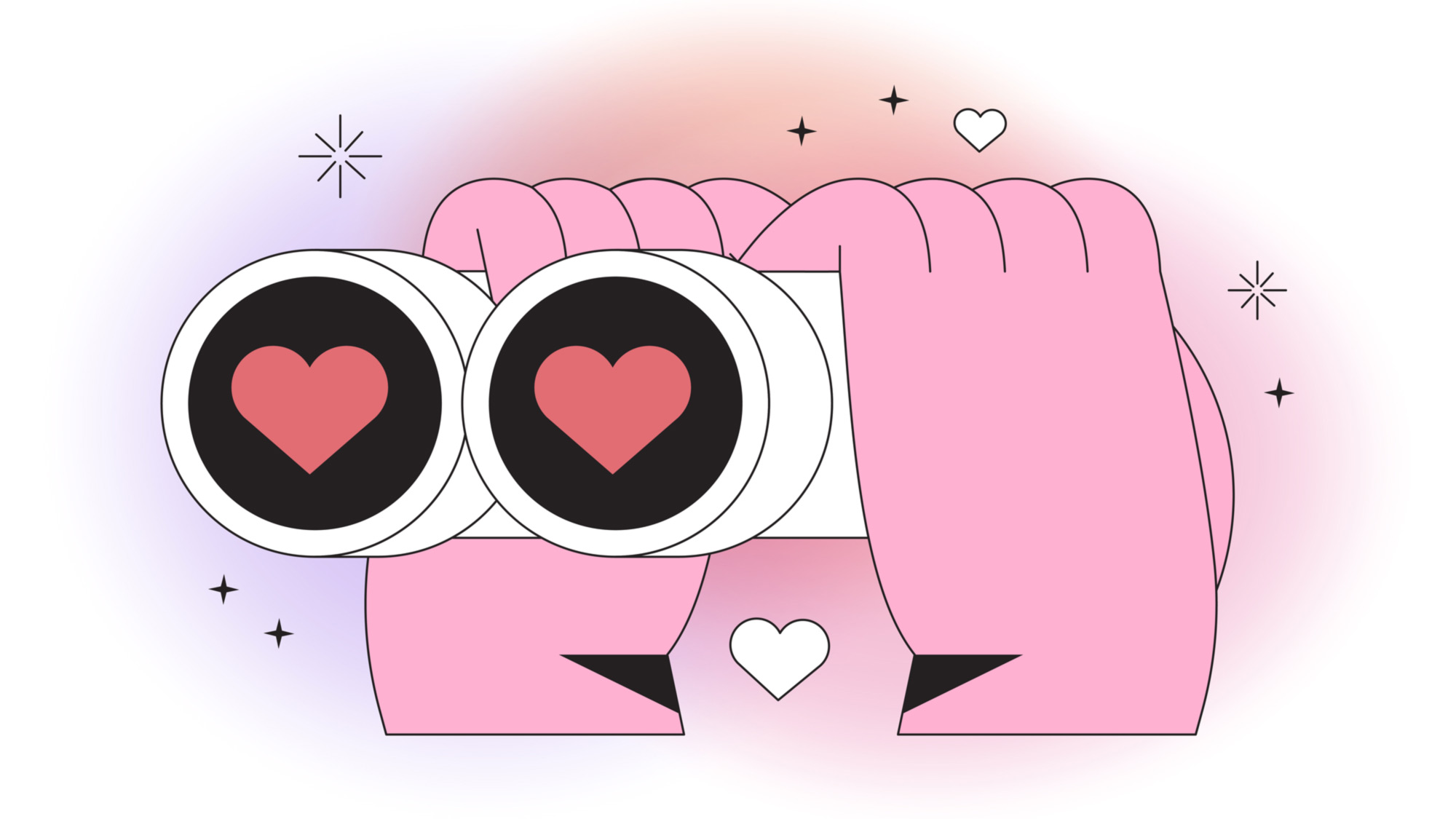 Hands hold binoculars and look through them. Eyes with red hearts full of love. Vector illustration for dating application or valentines day. Outline vector element for web, ui or application design.