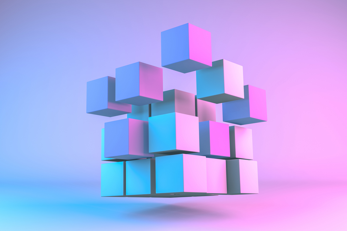 3D Rendering Cube Blocks, in a row, education, architecture, neon lights