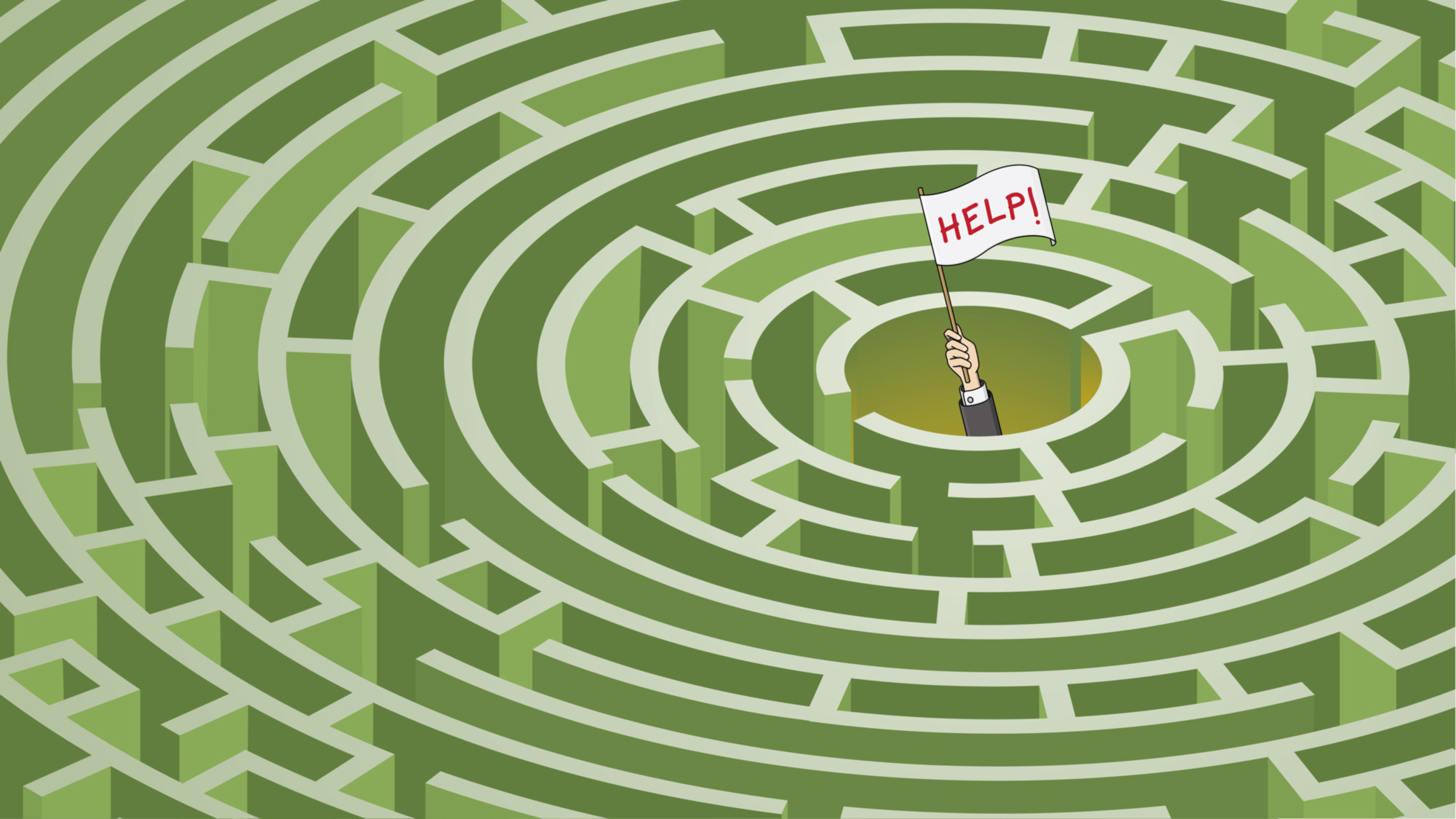 A lost person in a complex labyrinth holding a Help written white flag. All design elements are on separate layers.