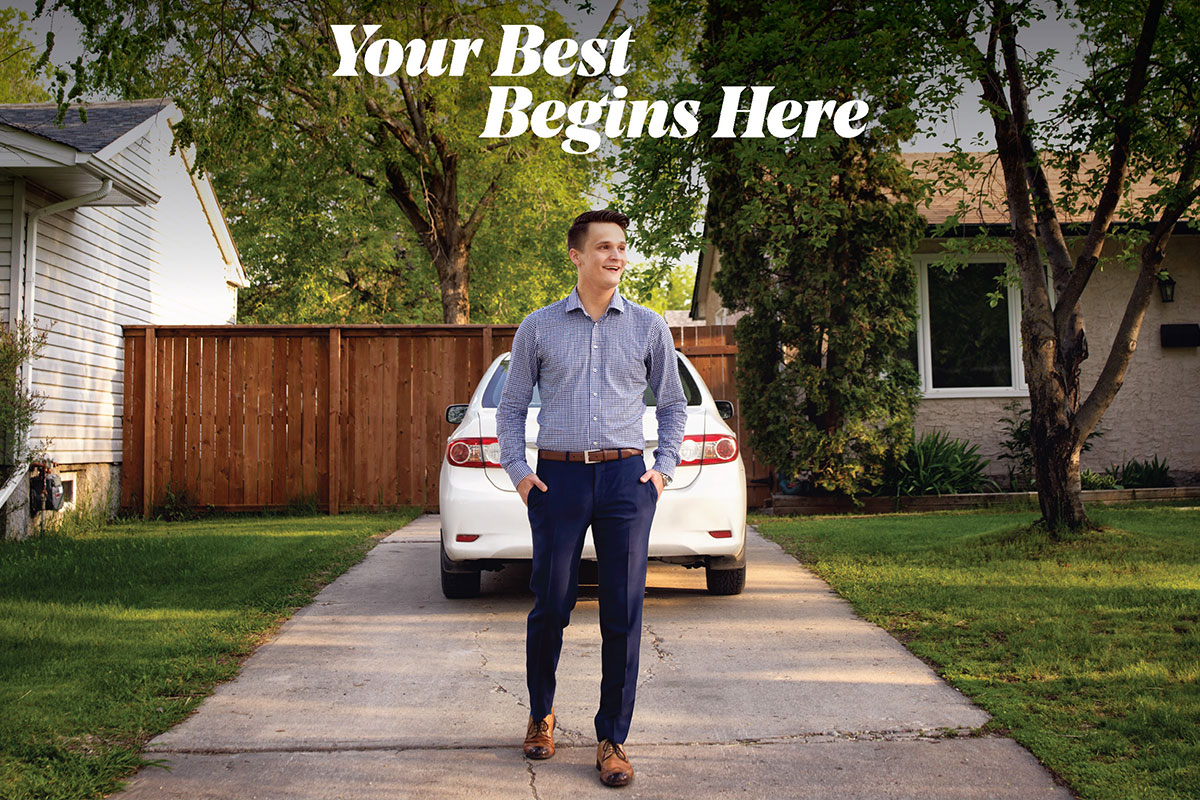 Person walking down driveway with inlayed text saying "Your best begins here."