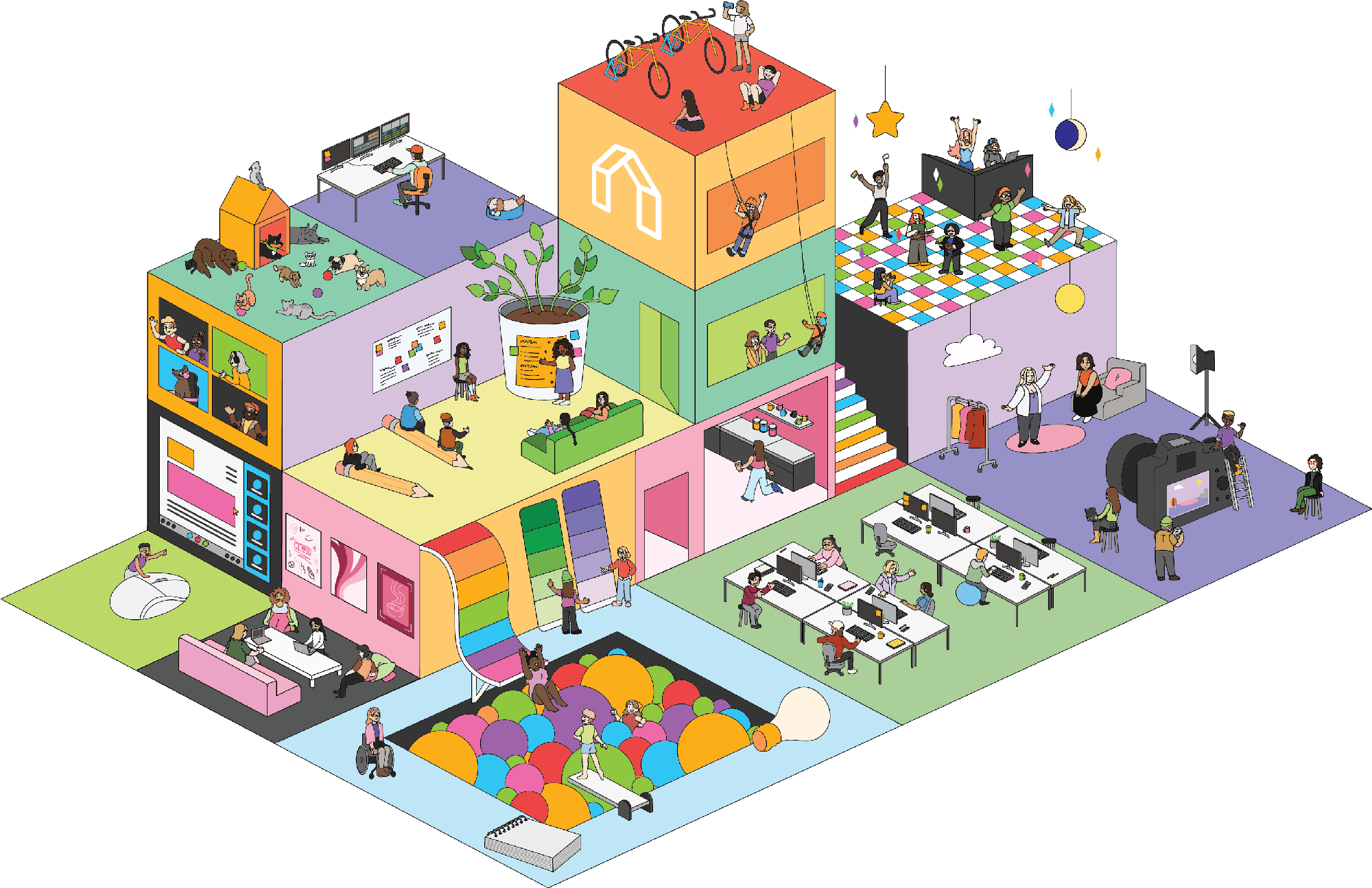 UpHouse_SocialPurposeIllustration_WorkingFile An illustration of workers in stylized space made up of multiple levels and sections. Various work activities are displayed by employees throughout the space.