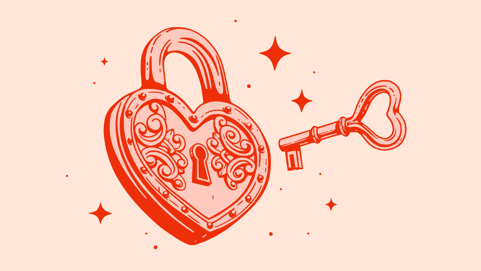 An illustration in red on a light coral background. A decorative heart shaped lock with a heart shaped key beside it. There are stars featured throughout the graphic.