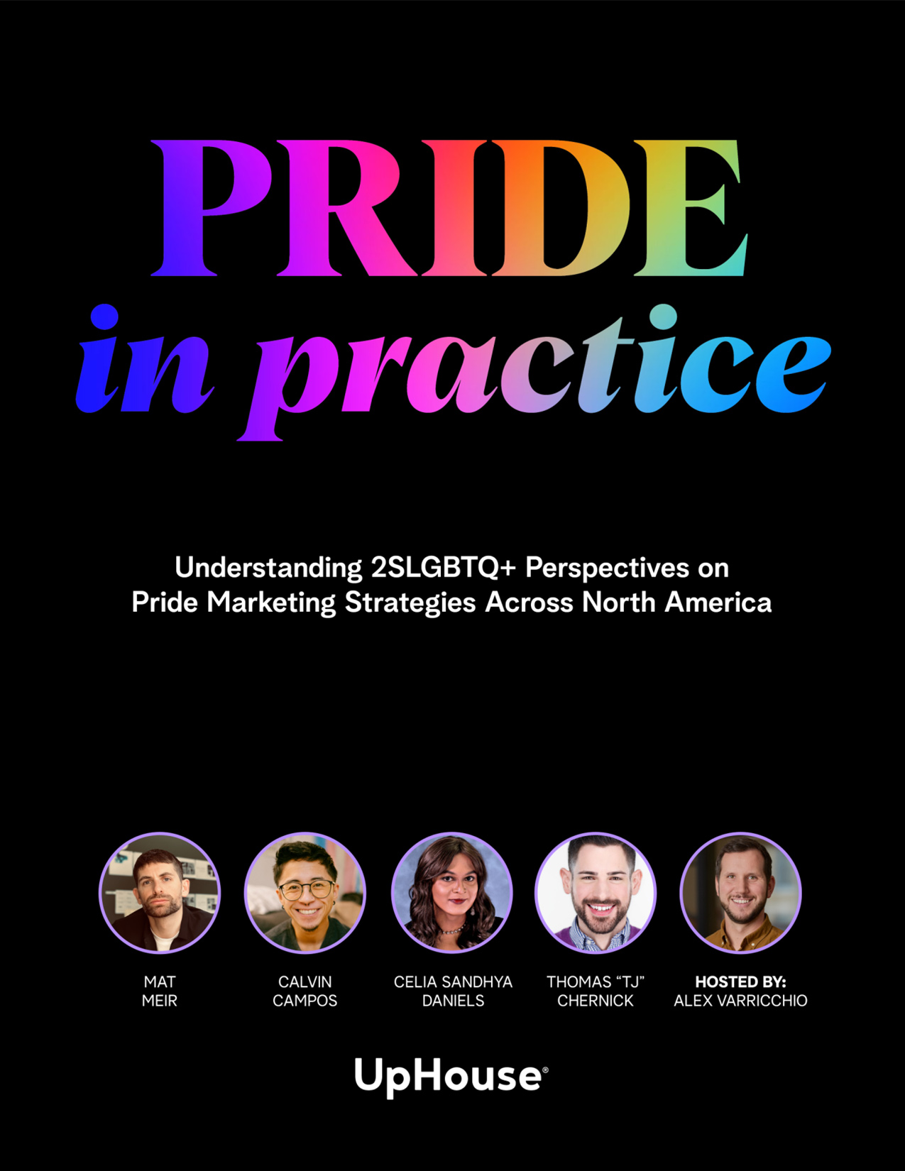 The words "Pride in Practice" displayed in a rainbow gradient along with images of the webinar panelists.