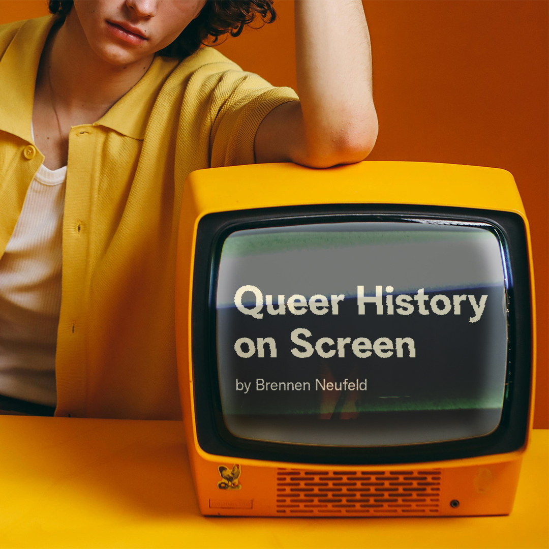 A yellow tube television displaying "Queer History on Film"