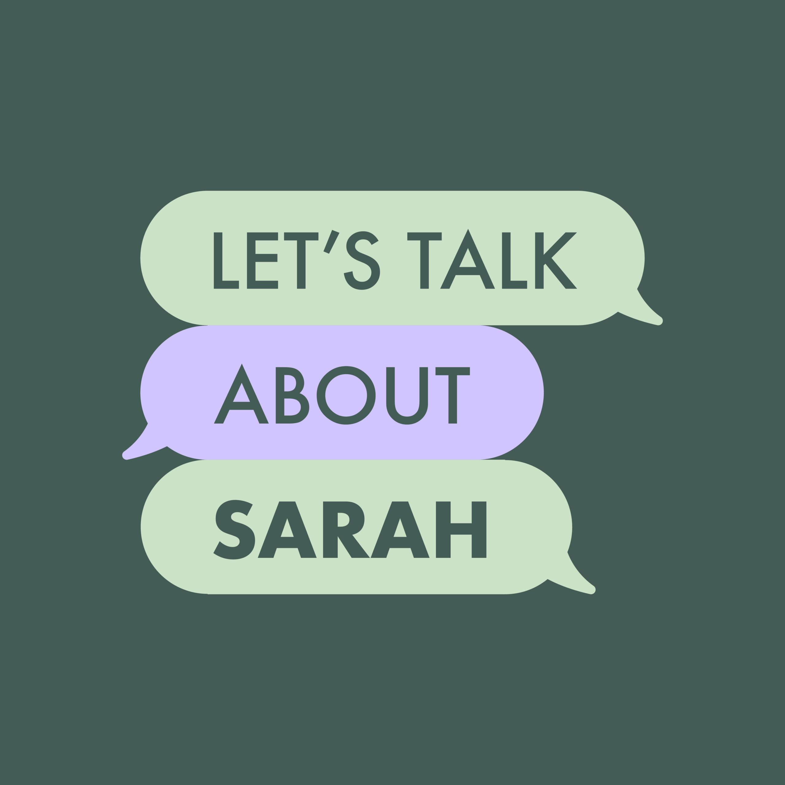 Stylized text to resemble a chat conversation with alternating words saying "Let's Talk About SARAH"