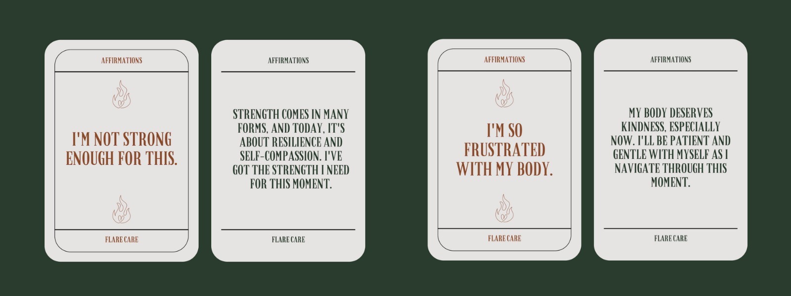 Two affirmation cards, one used to combat the thought "I am not strong enough for this." and the other "I am so frustrated with my body."