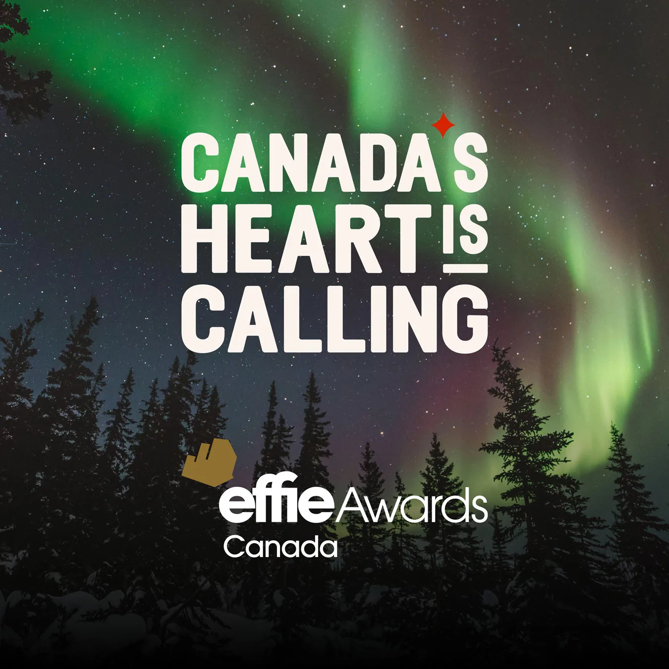 Northern Lights (aurora borealis) illuminating the night sky in shades of green and hints of purple, set against a backdrop of silhouetted evergreen trees. Overlaid text in bold, white letters reads, "CANADA'S HEART IS CALLING.” Below, the Effie Awards Canada logo is displayed, featuring a stylized gold trophy icon.