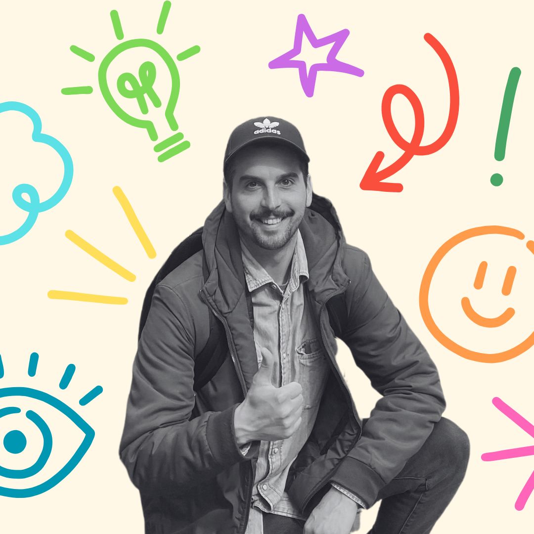 A black-and-white image of Matt, UpHouse's Assistant Creative Director, smiling and giving a thumbs up, wearing a cap, rain jacket, and backpack. The background features colorful, hand-drawn illustrations, including a yellow lightbulb, purple star, a blue cloud, a blue eye, an orange smiley face, a red arrow, and a yellow starburst, all on a pale yellow backdrop