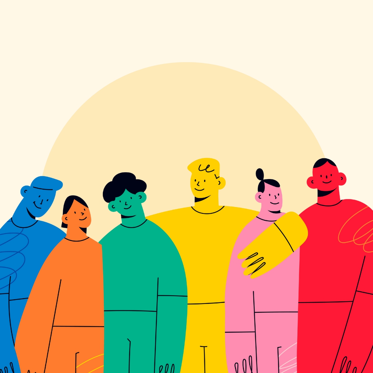 A digital illustration of six diverse, colorful figures standing together, embracing warmly against a soft cream background with a sun-like circle.